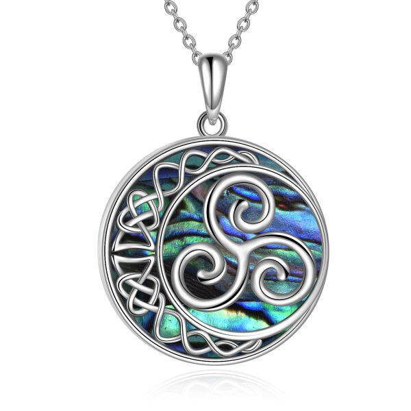 Sterling Silver Triskelion Trinity Moon Abalone Shell Pendant Necklace-0