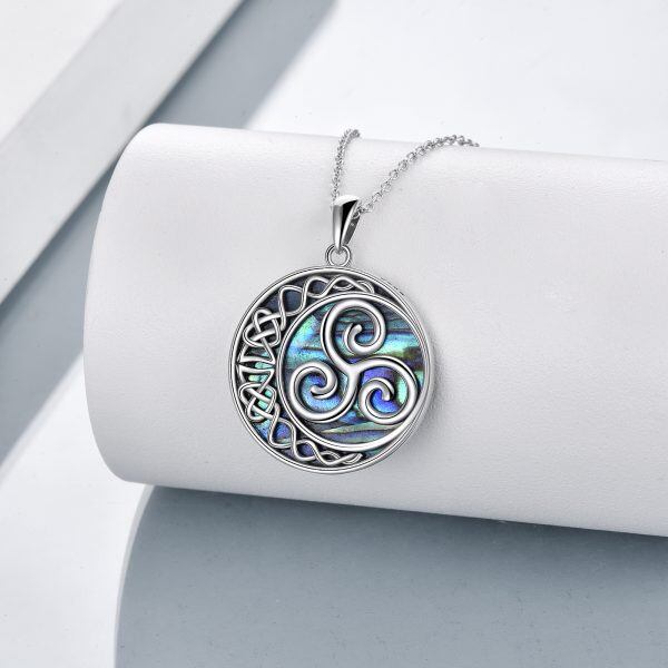 Sterling Silver Triskelion Trinity Moon Abalone Shell Pendant Necklace-5