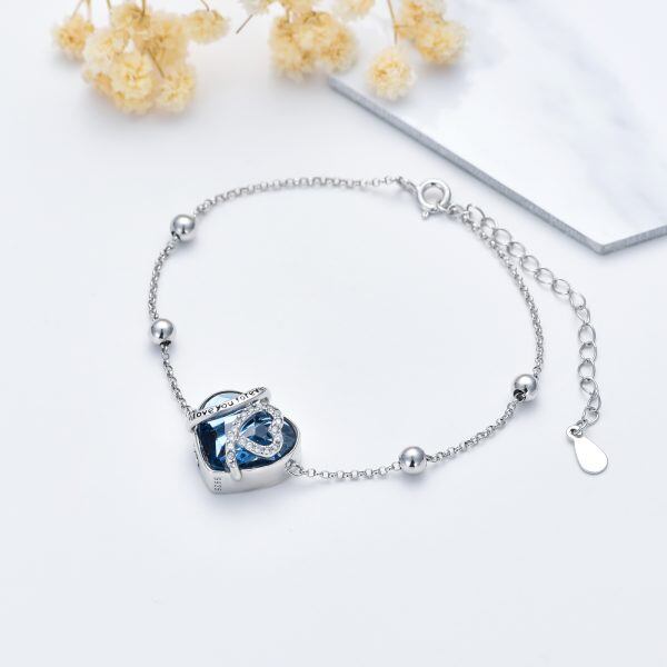 Sterling Silver Blue Crystal Heart Chain Bracelet-5