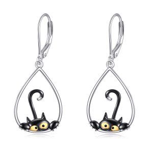 Sterling Silver Black Cat Drop Earrings-0