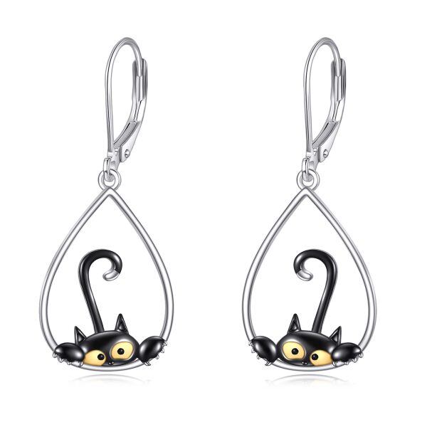 Sterling Silver Black Cat Drop Earrings-0