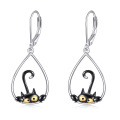 wholesale 925 Sterling Silver Black Cat Teardrop Dangle Leverback Earrings w/ Stones for Women & Girls - Holiday Gift Ideas-0-0