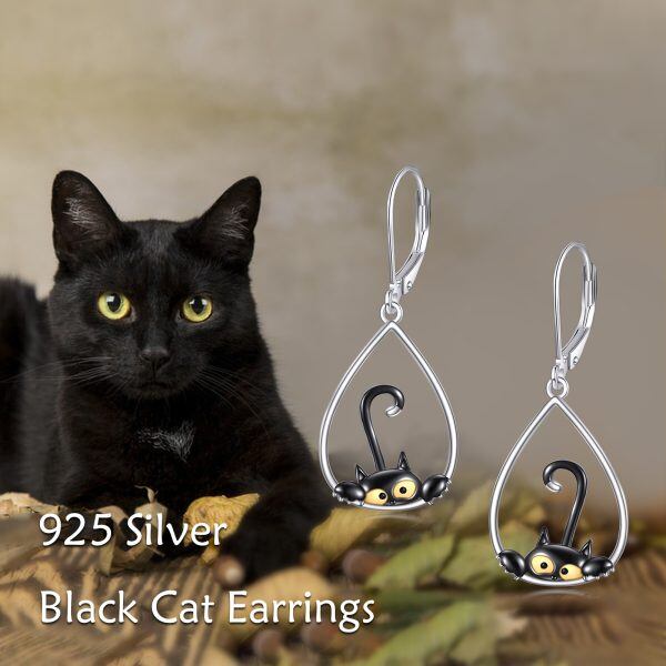 Sterling Silver Black Cat Drop Earrings-2