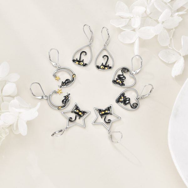 Sterling Silver Black Cat Drop Earrings-4