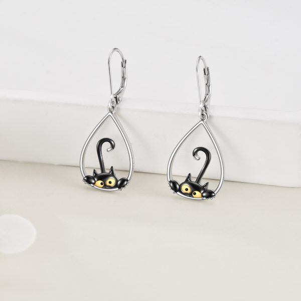 Sterling Silver Black Cat Drop Earrings-5