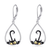 wholesale 925 Sterling Silver Black Cat Teardrop Dangle Leverback Earrings w/ Stones for Women & Girls - Holiday Gift Ideas- Tri