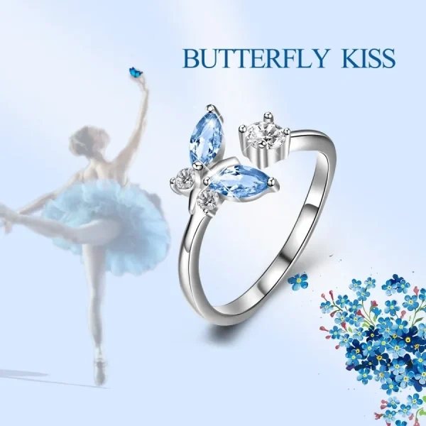 Sterling Silver Blue Crystal Butterfly Adjustable Rings-1