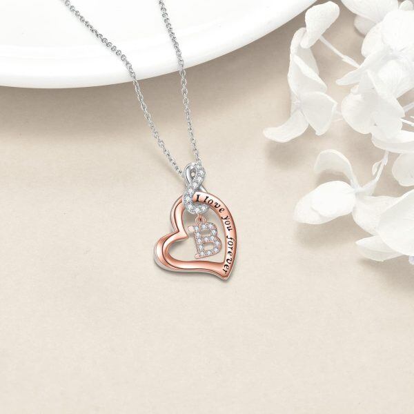 Sterling Silver Rose Gold Plated Heart Infinity Name "B" Pendant Necklaces-5