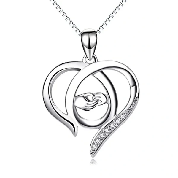 Sterling Silver Mother and Child Hand Open Heart Pendant Necklaces-0