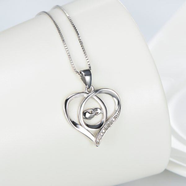 Sterling Silver Mother and Child Hand Open Heart Pendant Necklaces-3