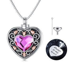 Sterling Silver Oxidized Heart Urn Necklaces With Purple Crystal-0