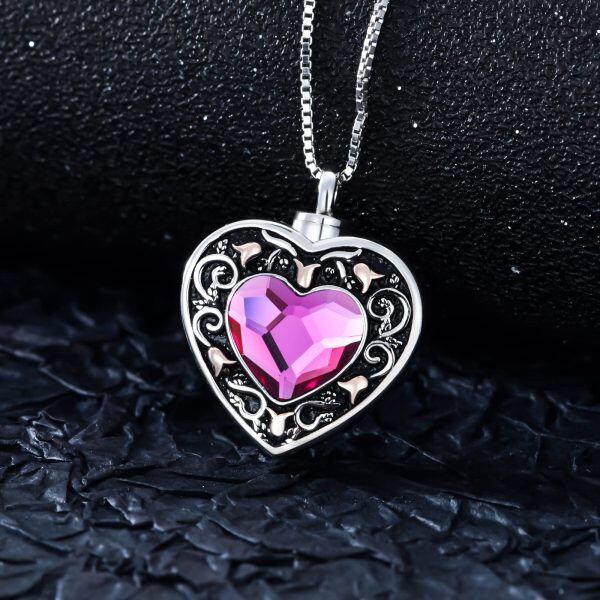 Sterling Silver Oxidized Heart Urn Necklaces With Purple Crystal-4