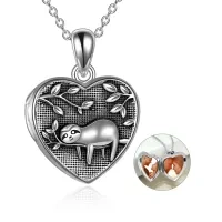wholesale 925 Sterling Silver Sloth Heart Photo Locket Necklace for Women - Personalized Picture Frame s for Mothers Daughters Sisters- Oxidized/Oxidised