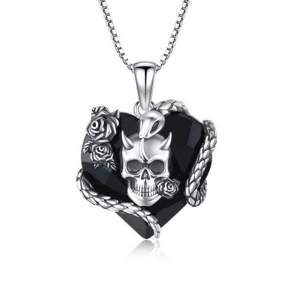 Sterling Silver Rose Skull & Snake Pendant Necklaces With Black Heart Crystal-0