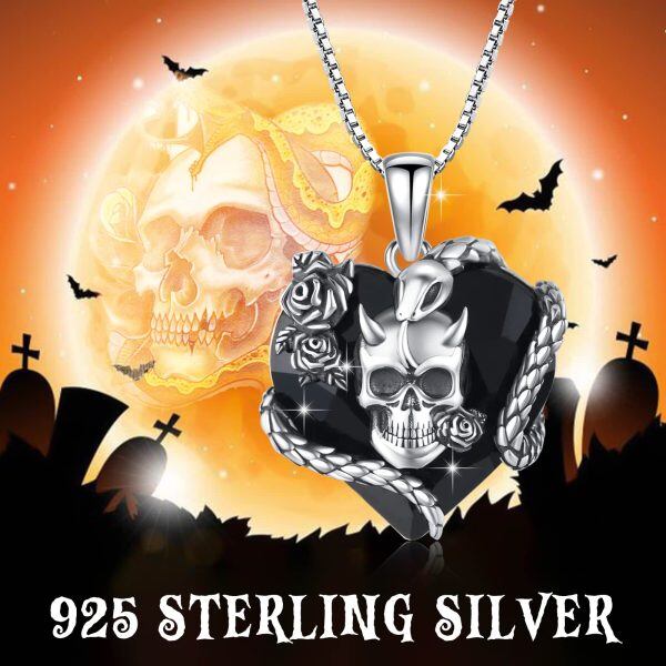 Sterling Silver Rose Skull & Snake Pendant Necklaces With Black Heart Crystal-2