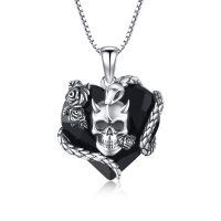wholesale 925 Sterling Silver & Black Glass Heart with Skull and Snake Pendant Necklace for Men/Women- Oxidized/Oxidised