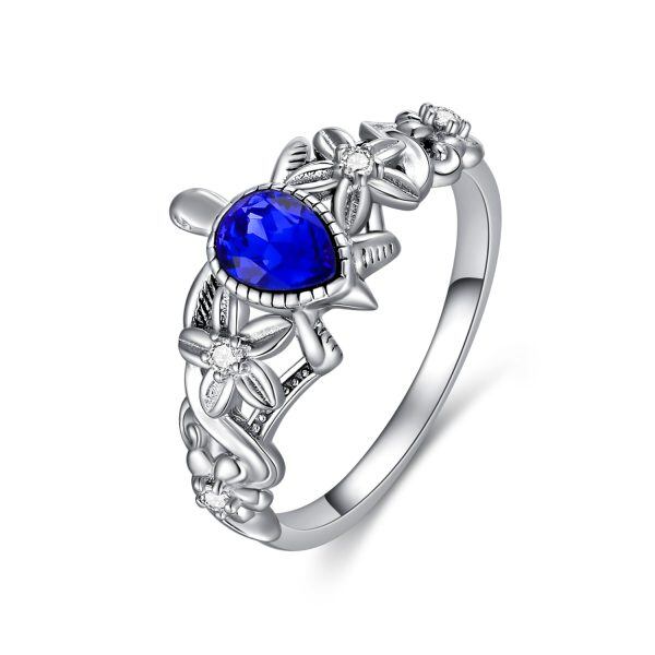 Sterling Silver Sea Turtle Stacking Rings With Blue Crystal-0