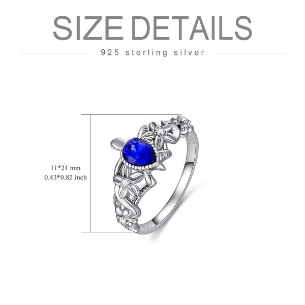 Sterling Silver Sea Turtle Stacking Rings With Blue Crystal-1