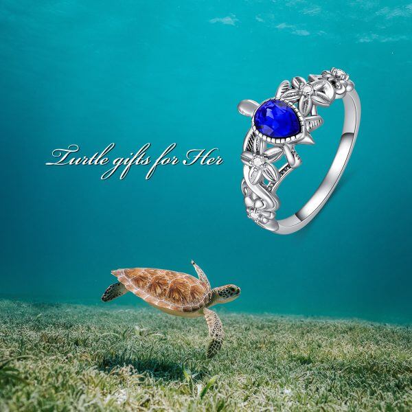 Sterling Silver Sea Turtle Stacking Rings With Blue Crystal-3