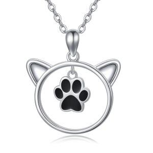 Sterling Silver Cat Pendant Necklaces With Black Paw-0