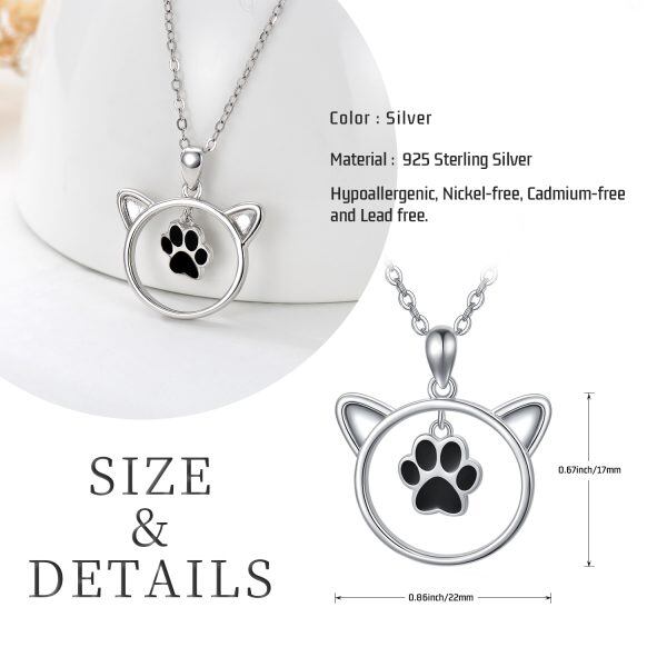 Sterling Silver Cat Pendant Necklaces With Black Paw-1