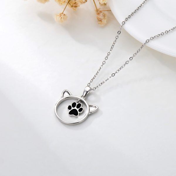 Sterling Silver Cat Pendant Necklaces With Black Paw-5