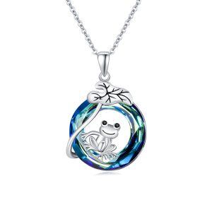 Sterling Silver Frog Lotus Leaf Pendant Necklaces With Circle Crystal-0