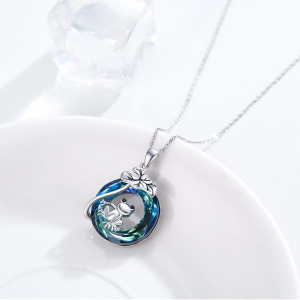 Sterling Silver Frog Lotus Leaf Pendant Necklaces With Circle Crystal-3