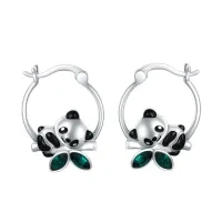 wholesale 925 Sterling Silver Hypoallergenic Green Crystal Panda Huggie Earrings for Women and Girls- Rhodium Plated