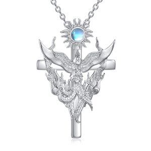 Sterling Silver Cross Phoenix Pendant Necklaces With Moonstone-0