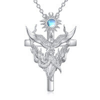 wholesale 925 Sterling Silver Moonstone Phoenix Cross Pendant Necklaces for Women Girls s- Rhodium Plated