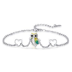 Sterling Silver Enamel Owl Lovely Heart Chain Bracelets-0