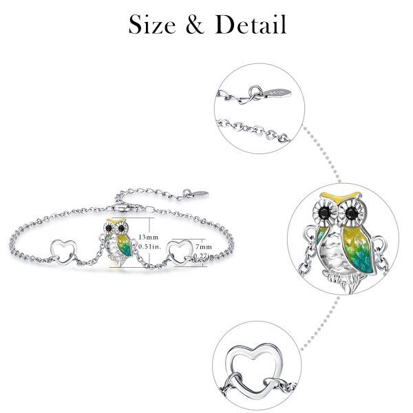 Sterling Silver Enamel Owl Lovely Heart Chain Bracelets-1