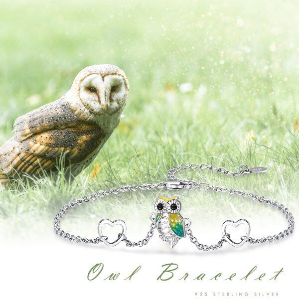 Sterling Silver Enamel Owl Lovely Heart Chain Bracelets-2