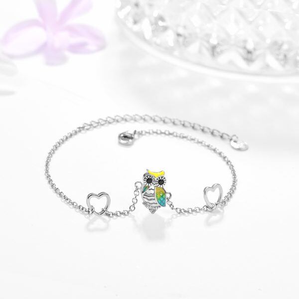 Sterling Silver Enamel Owl Lovely Heart Chain Bracelets-4