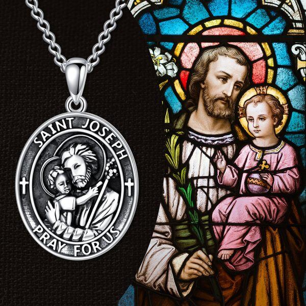 Sterling Silver St Joseph Medal Pendant Necklaces With Stainless Steel Chain-2