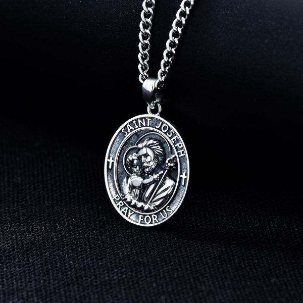 Sterling Silver St Joseph Medal Pendant Necklaces With Stainless Steel Chain-3