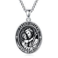 wholesale 925 Sterling Silver Saint Joseph Medal Prayer Pendant with Cross and Child Design on Oval Shape Necklace in Gift Box (24 + 3)- Oxidized/Oxidised