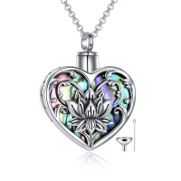 wholesale 925 Sterling Silver Heart Shaped Abalone Shell Memorial Keepsake Pendant with Funnel and Spoon Set - For Ashes or Hair Storage (Lotus Design)- Oxidized/Oxidised