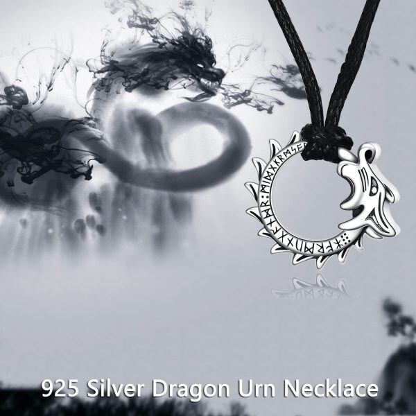 Sterling Silver Dragon Urn Necklace With Leather Cord-4