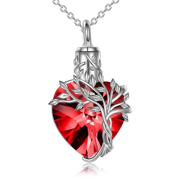 Sterling Silver Tree of Life Urn Necklace With Red Crystal-0