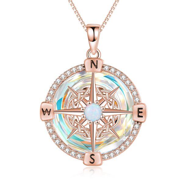 Sterling Silver Compass Pendant Necklace With Crystal Circle-0