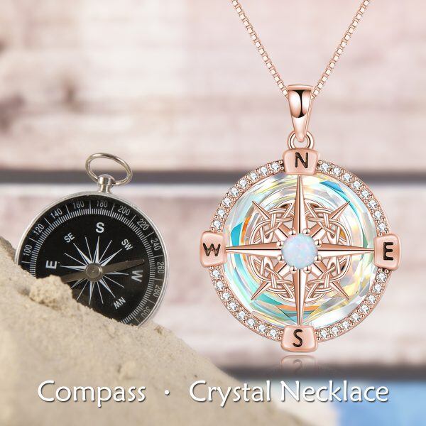 Sterling Silver Compass Pendant Necklace With Crystal Circle-2