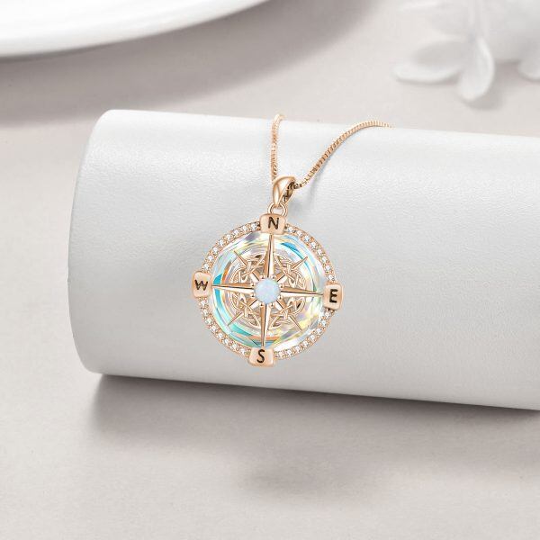 Sterling Silver Compass Pendant Necklace With Crystal Circle-4