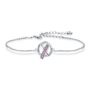 Sterling Silver Cancer Awareness Pink Crystal Ribbon Bracelet-0