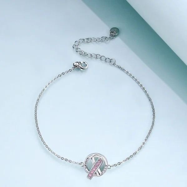 Sterling Silver Cancer Awareness Pink Crystal Ribbon Bracelet-3