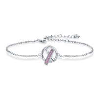 wholesale 925 Sterling Silver Pink Crystal Ribbon Breast Cancer Awareness Charm Bracelet for Women- Rhodium Plated