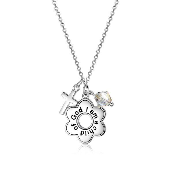 Sterling Silver "I Am a Child of God" Cross Flower Pendant Necklaces With Crystal-0