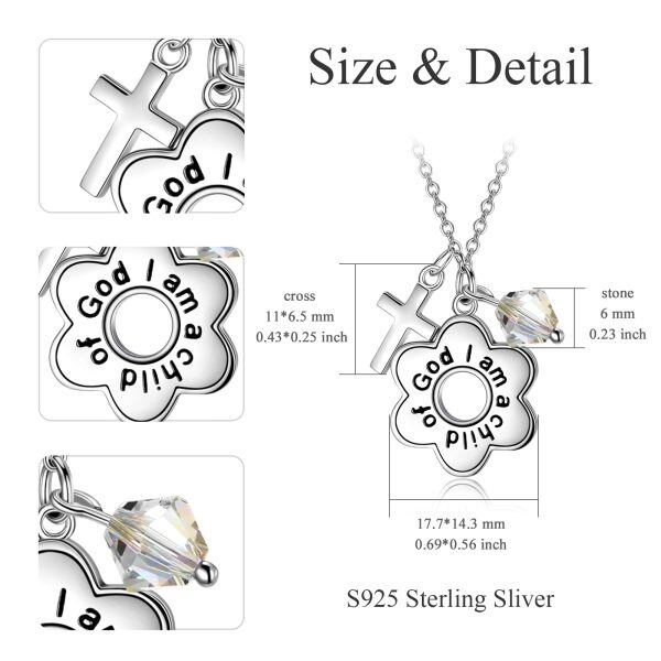 Sterling Silver "I Am a Child of God" Cross Flower Pendant Necklaces With Crystal-1