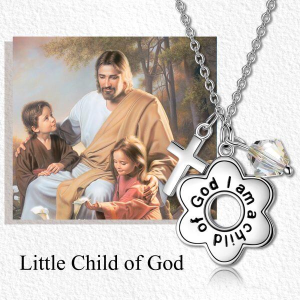 Sterling Silver "I Am a Child of God" Cross Flower Pendant Necklaces With Crystal-2